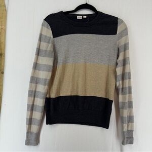 GAP Women's Sweater Stripes Gray Cream Black Merino Wool Blend Size Small